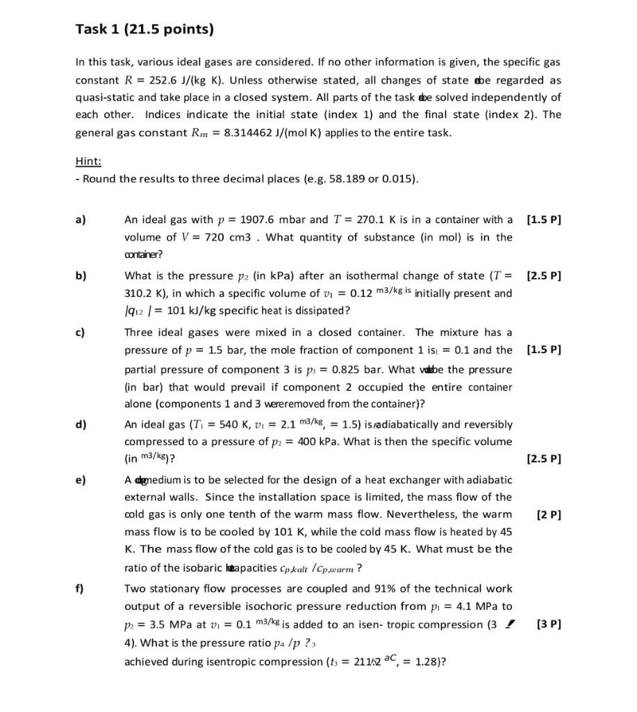 Task 1 21 5 Points In This Task Various Ideal Gases Are Considered If No Other Information Is Given The Specific Ga 1