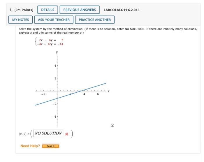 Details Previous Answers 6 0 1 Points My Notes Ask Your Teacher Practice Another Solve The System By The Method Of El 2