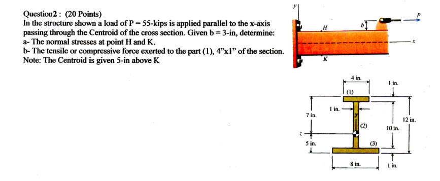 H Question2 20 Points In The Structure Shown A Load Of P 55 Kips Is Applied Parallel To The X Axis Passing Through 1