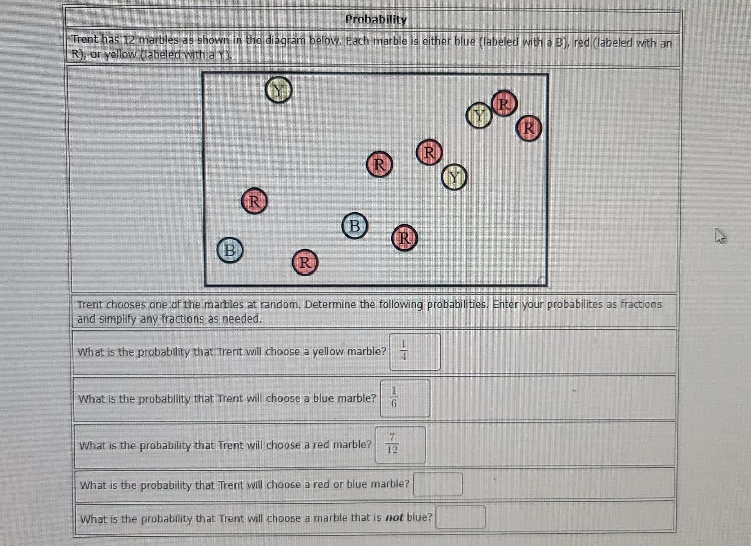 Probability Trent Has 12 Marbles As Shown In The Diagram Below Each Marble Is Either Blue Labeled With A B Red Labe 1