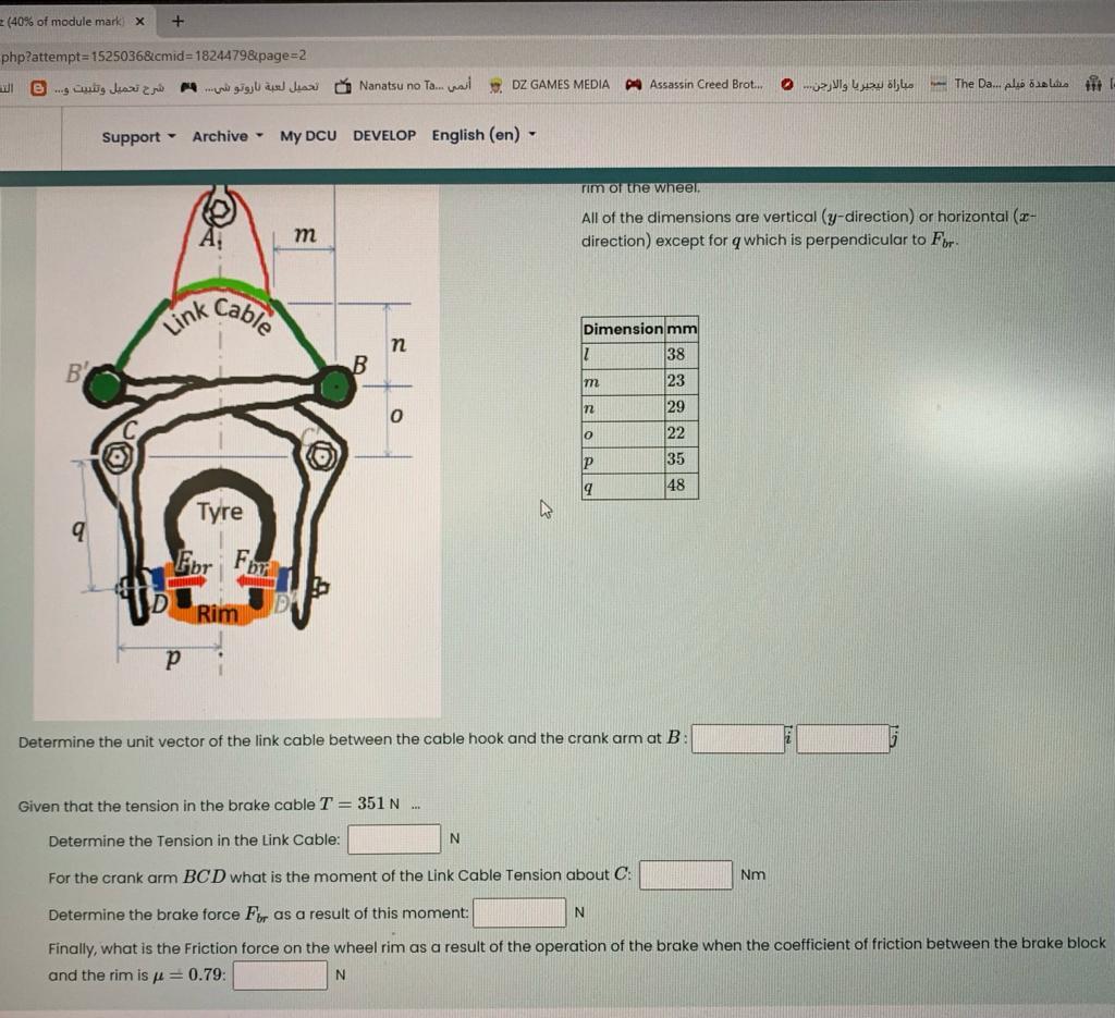 Complete The Free Body Diagram Of The Arm Bcd Of The Centre Pull Bicycle Brake System In The Figure Below The Brake Lev 4