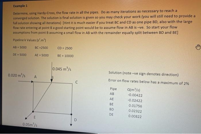 Example 1 Determine Using Hardy Cross The Flow Rate In All The Pipes Do As Many Iterations As Necessary To Reach A Co 1