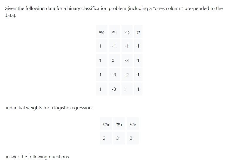 Given The Following Data For A Binary Classification Problem Including A Ones Column Pre Pended To The Data And Ini 1