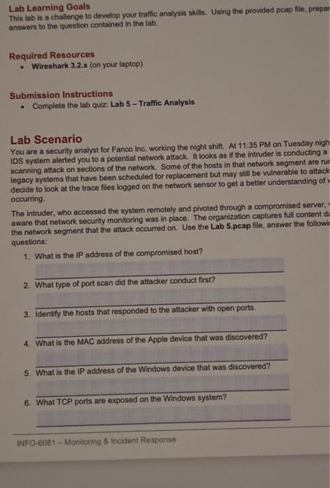 Lab Learning Goals This Lab Is A Challenge To Develop Your Traffic Analysis Skills Using The Provided Pcap File Prepar 1