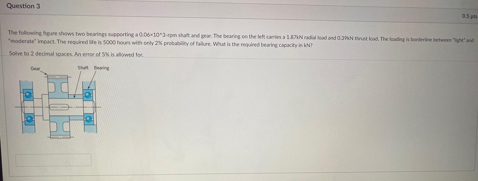 Question 3 0 5 Pts The Following Figure Shows Two Bearings Supporting A 0 06x10 3 Rpm Shaft And Gear The Bearing On The 1