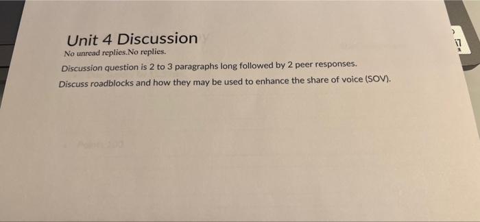 Unit 4 Discussion No Unread Replies No Replies Discussion Question Is 2 To 3 Paragraphs Long Followed By 2 Peer Respons 1