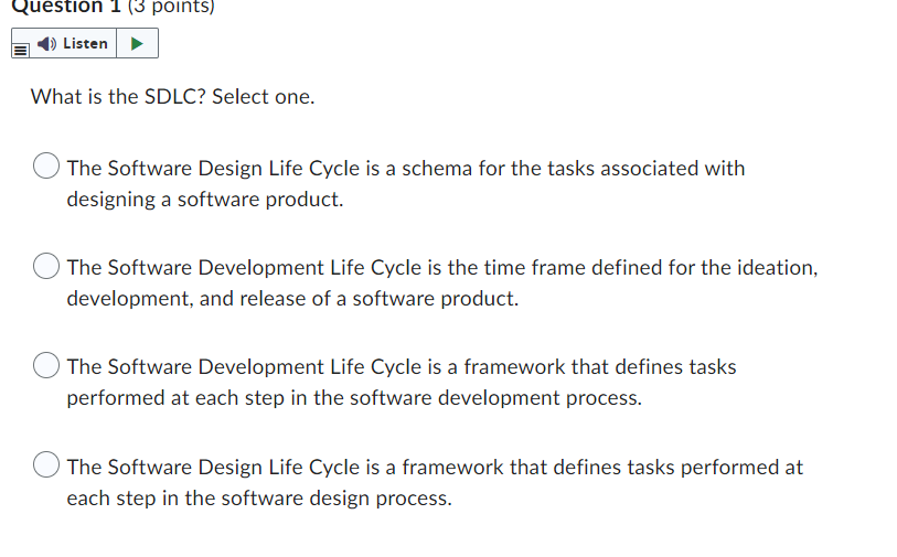 Question 1 3 Points Listen What Is The Sdlc Select One The Software Design Life Cycle Is A Schema For The Tasks As 1