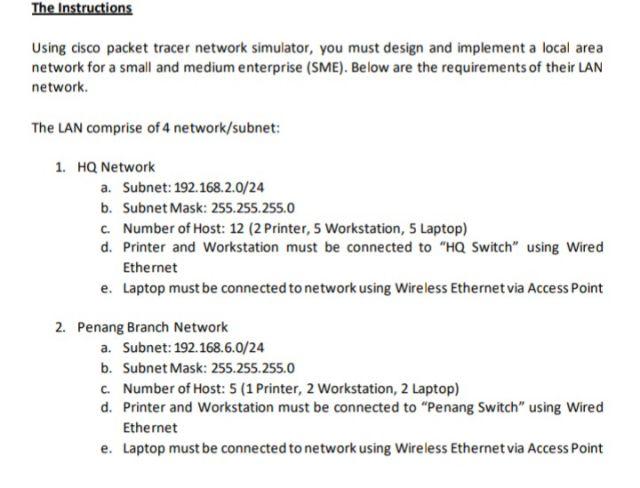 The Instructions Using Cisco Packet Tracer Network Simulator You Must Design And Implement A Local Area Network For A S 1