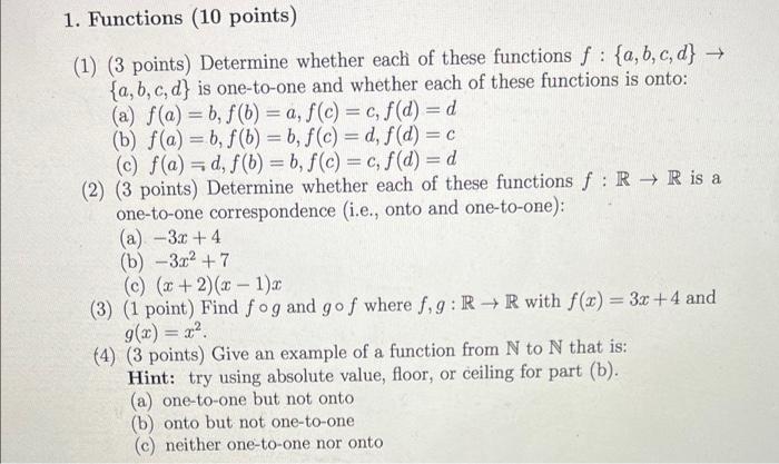 1 Functions 10 Points 1 3 Points Determine Whether Each Of These Functions F A B C D A B C D Is One To O 1