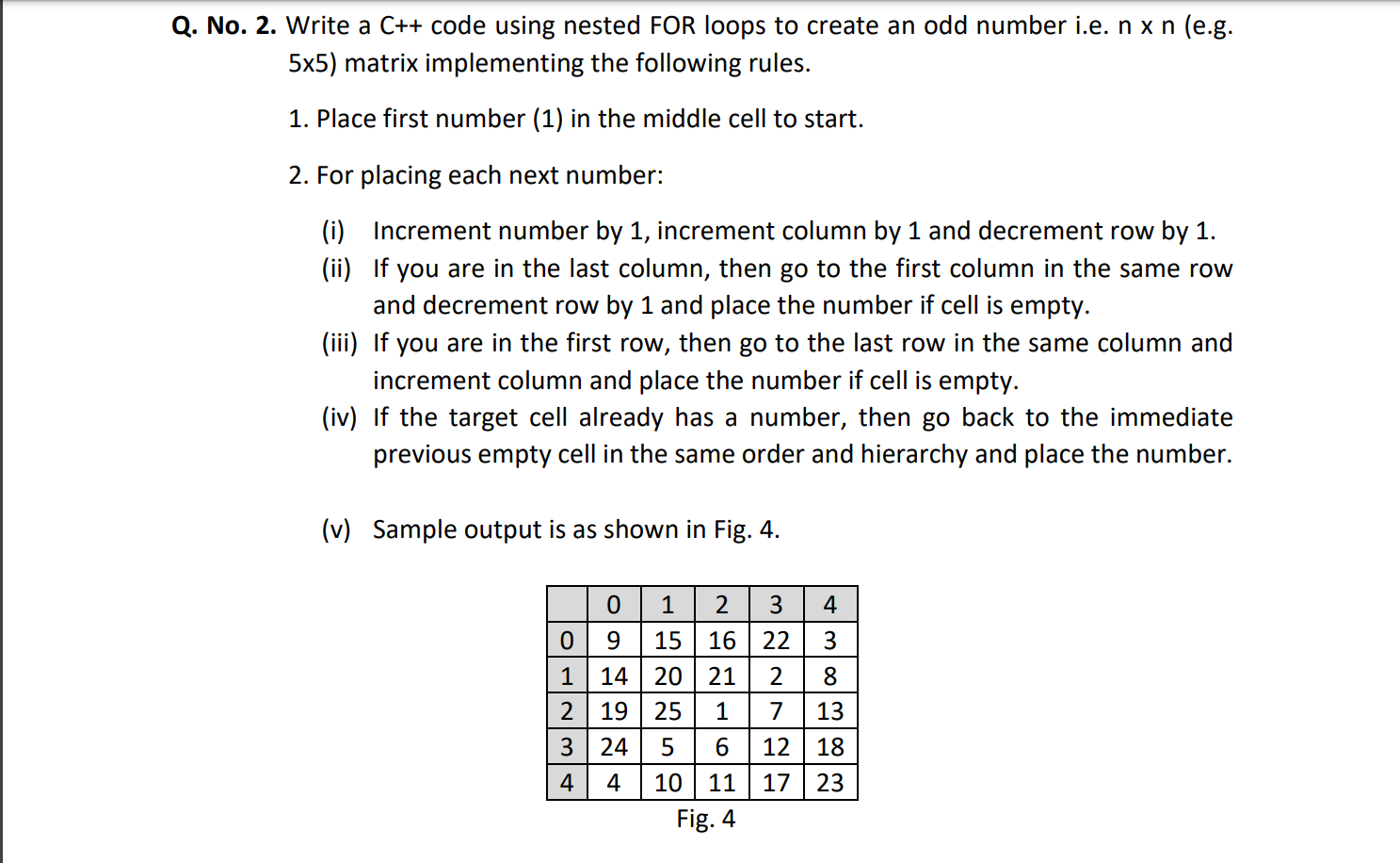 Q No 2 Write A C Code Using Nested For Loops To Create An Odd Number I E N X N E G 5x5 Matrix Implementing The 1