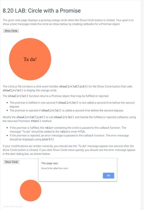 8 20 Lab Circle With A Promise The Given Web Page Displays A Growing Orange Circle When The Show Circle Button Is Click 1
