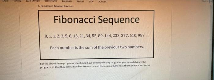 Insert Design Page Layout References Mailings Review 3 Recursive Fibonacci Function View Acrobat Fibonacci Sequence 0 1