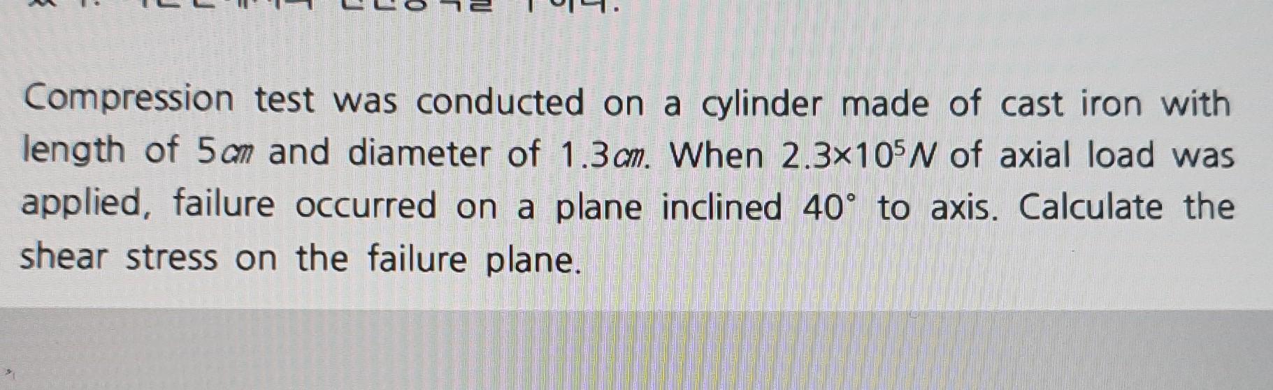 Il Compression Test Was Conducted On A Cylinder Made Of Cast Iron With Length Of 5am And Diameter Of 1 3 Cm When 2 3x10 1