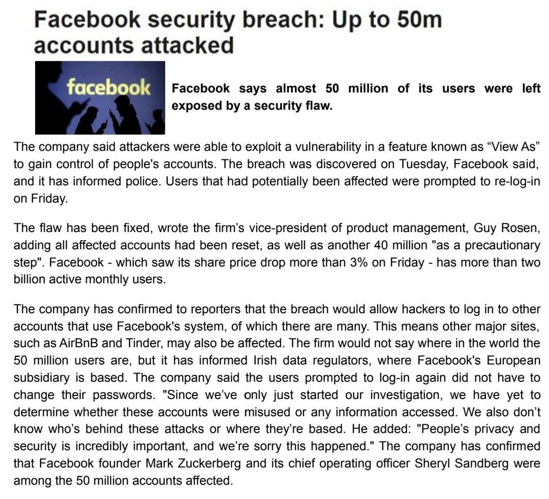 Facebook Security Breach Up To 50m Accounts Attacked Facebook Facebook Says Almost 50 Million Of Its Users Were Left Ex 1