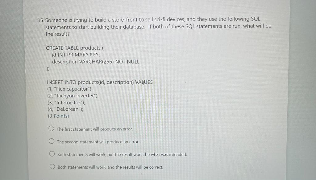 15 Someone Is Trying To Build A Store Front To Sell Sci Fi Devices And They Use The Following Sql Statements To Start 1