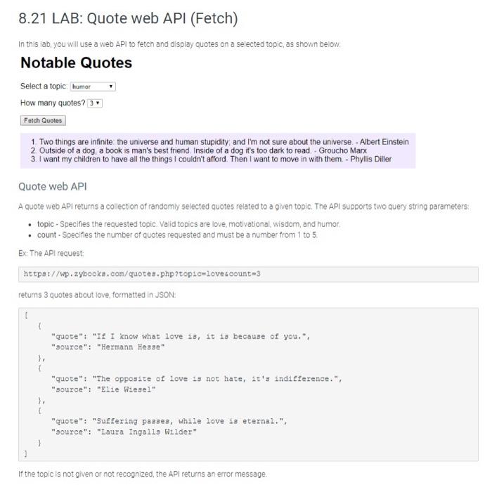 8 21 Lab Quote Web Api Fetch In This Lab You Will Use A Web Api To Fetch And Display Quotes On A Selected Topic As 1