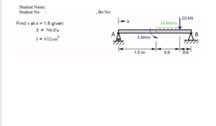Student Name Student No Bn No 20 Kn 16 Kn M Find V At X 1 8 Given E 70gp 1 832cm 3 Knm B 15 M 0 9 0 6 1