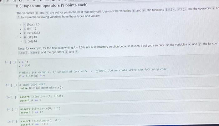 Ii 3 Types And Operators 9 Points Each The Variables X And Y Are Set For You In The Next Read Only Cell Use Only The 1