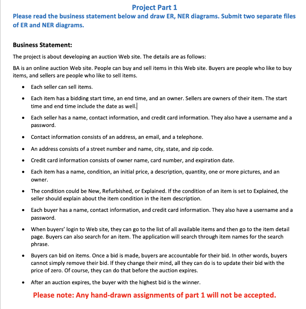 Project Part 1 Please Read The Business Statement Below And Draw Er Ner Diagrams Submit Two Separate Files Of Er And N 1