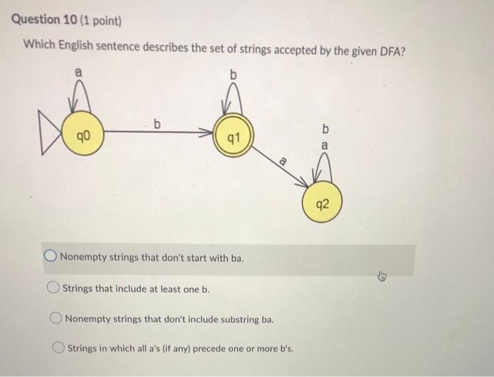 Question 10 1 Point Which English Sentence Describes The Set Of Strings Accepted By The Given Dfa B A 90 B 91 Nonempt 1