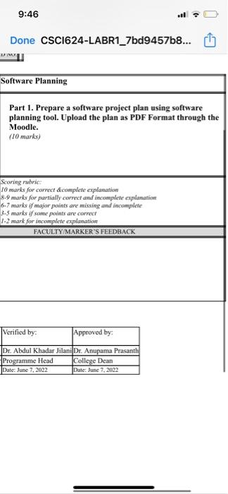 9 46 Done Csc1624 Labr1 7bd9457b8 Software Planning Part 1 Prepare A Software Project Plan Using Software Planning T 1
