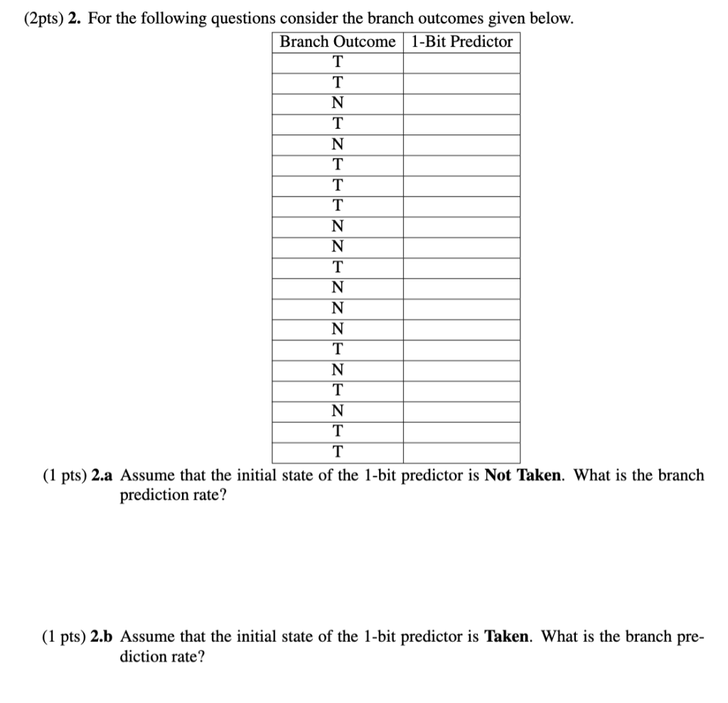 2pts 2 For The Following Questions Consider The Branch Outcomes Given Below Branch Outcome 1 Bit Predictor T T N T N 1