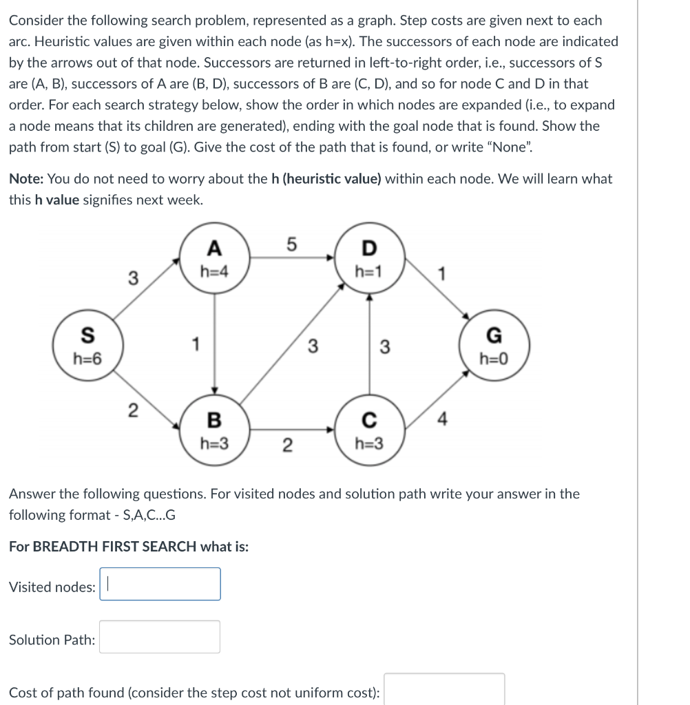 Consider The Following Search Problem Represented As A Graph Step Costs Are Given Next To Each Arc Heuristic Values A 1