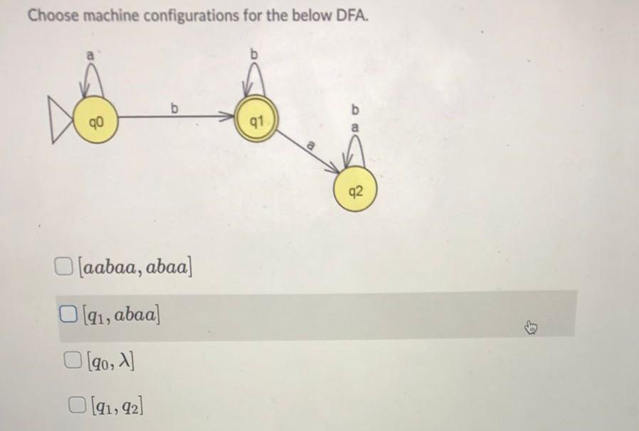 Choose Machine Configurations For The Below Dfa Ds Qo B O Aabaa Abaa O 91 Abaa O Go A 91 92 91 A B Q2 1