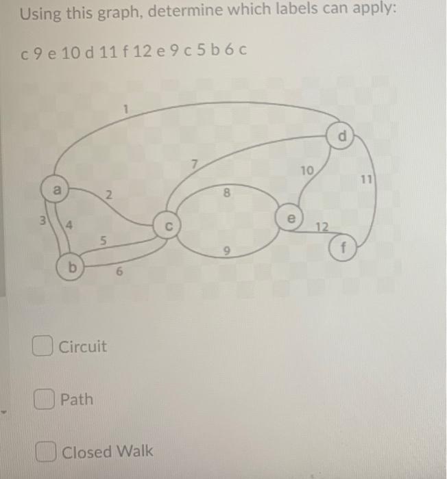 Using This Graph Determine Which Labels Can Apply C 9 E 10 D 11 F 12 E 9 C 5 B6 C 3 A 4 B 2 Path 5 Circuit Closed Walk 1