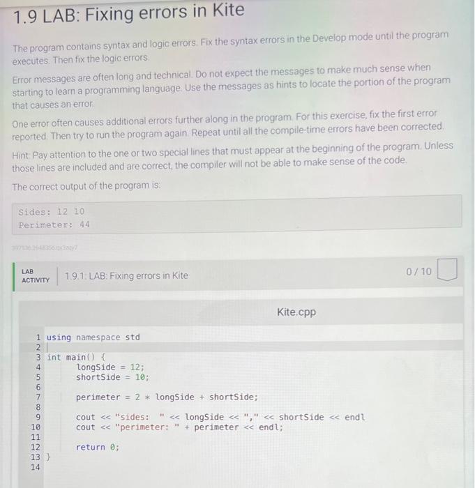 1 9 Lab Fixing Errors In Kite The Program Contains Syntax And Logic Errors Fix The Syntax Errors In The Develop Mode U 1