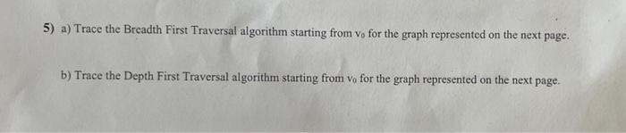 5 A Trace The Breadth First Traversal Algorithm Starting From Vo For The Graph Represented On The Next Page B Trace 1