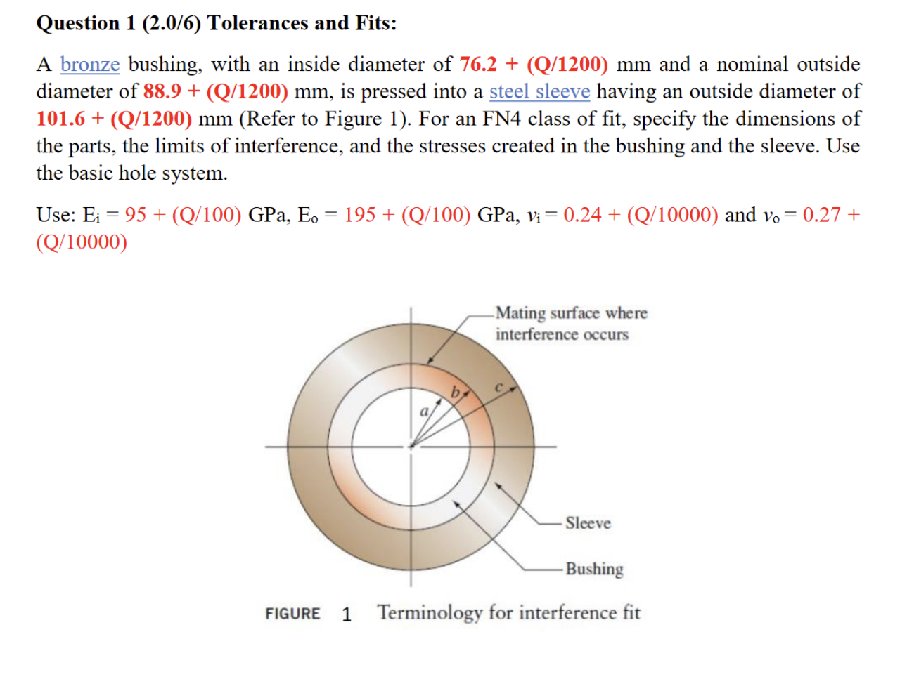 Question 1 2 0 6 Tolerances And Fits A Bronze Bushing With An Inside Diameter Of 76 2 Q 1200 Mm And A Nominal Ou 1