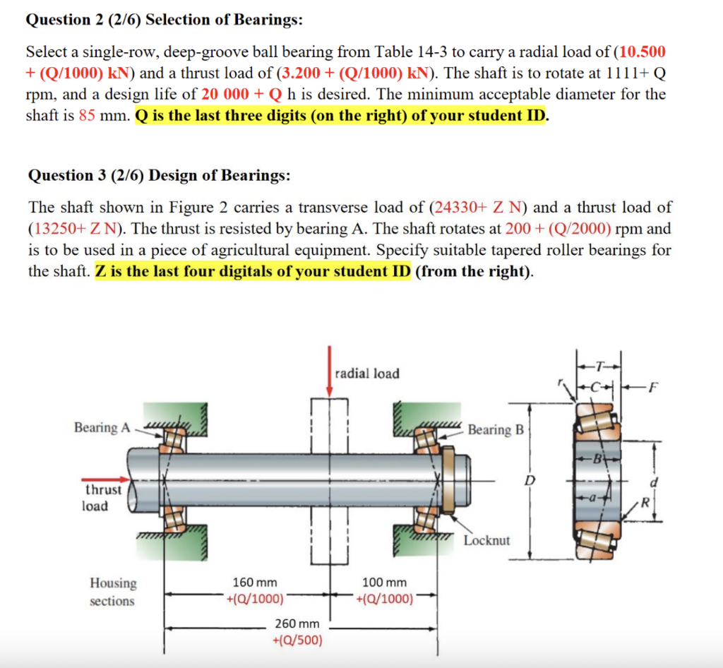 Question 2 2 6 Selection Of Bearings Select A Single Row Deep Groove Ball Bearing From Table 14 3 To Carry A Radial 1