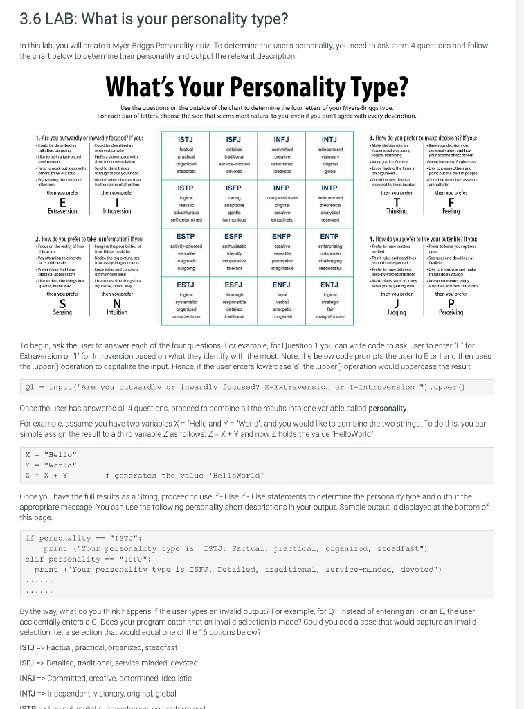 In Python Plz 3 6 Lab What Is Your Personality Type In This Lab You Will Create A Myer Briggs Personality Quiz To De 1