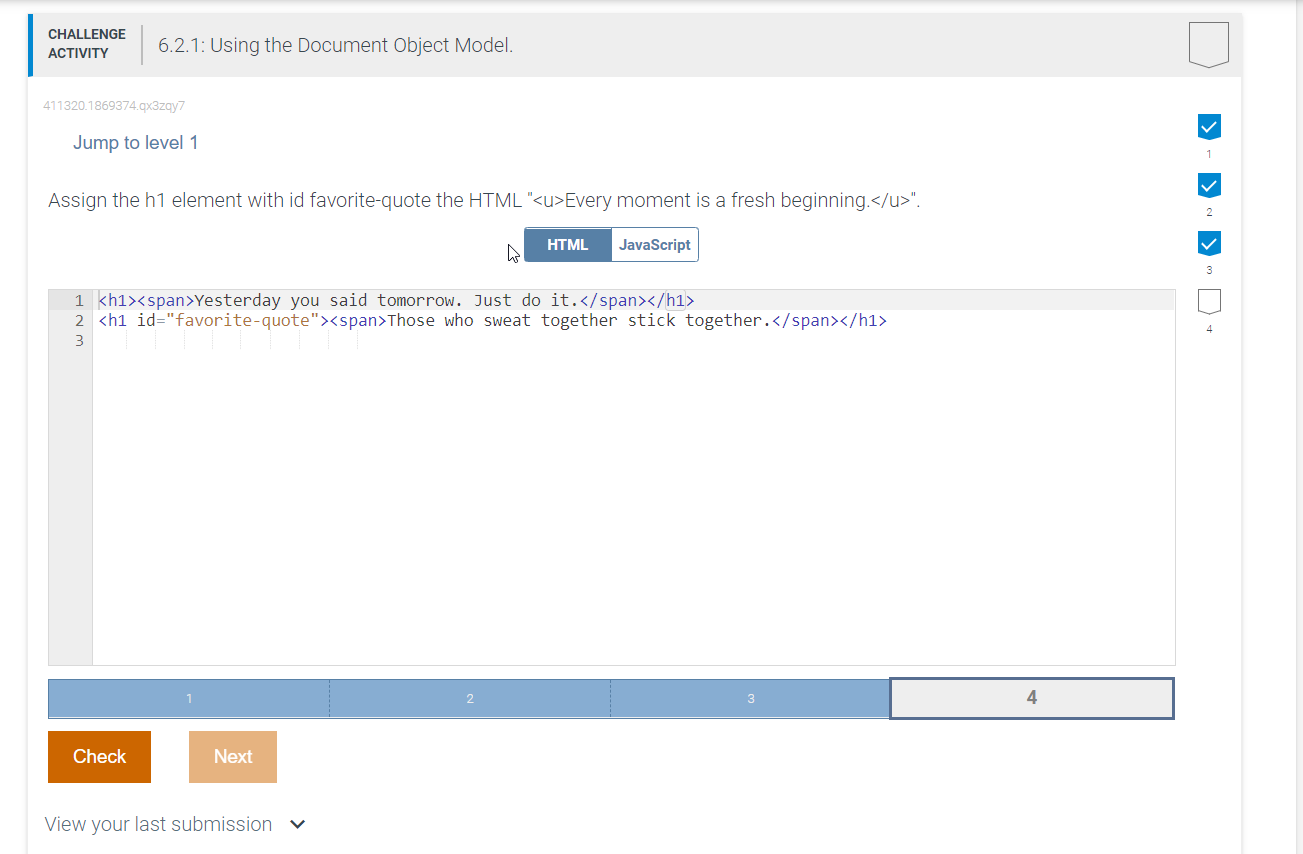 Please Post Javascript Code Only Assign The H1 Element With Id Favorite Quote The Html U Every Moment Is A Fresh Begin 1