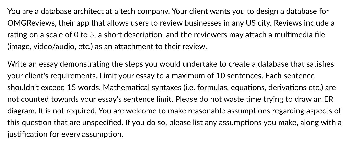 You Are A Database Architect At A Tech Company Your Client Wants You To Design A Database For Omgreviews Their App Tha 1