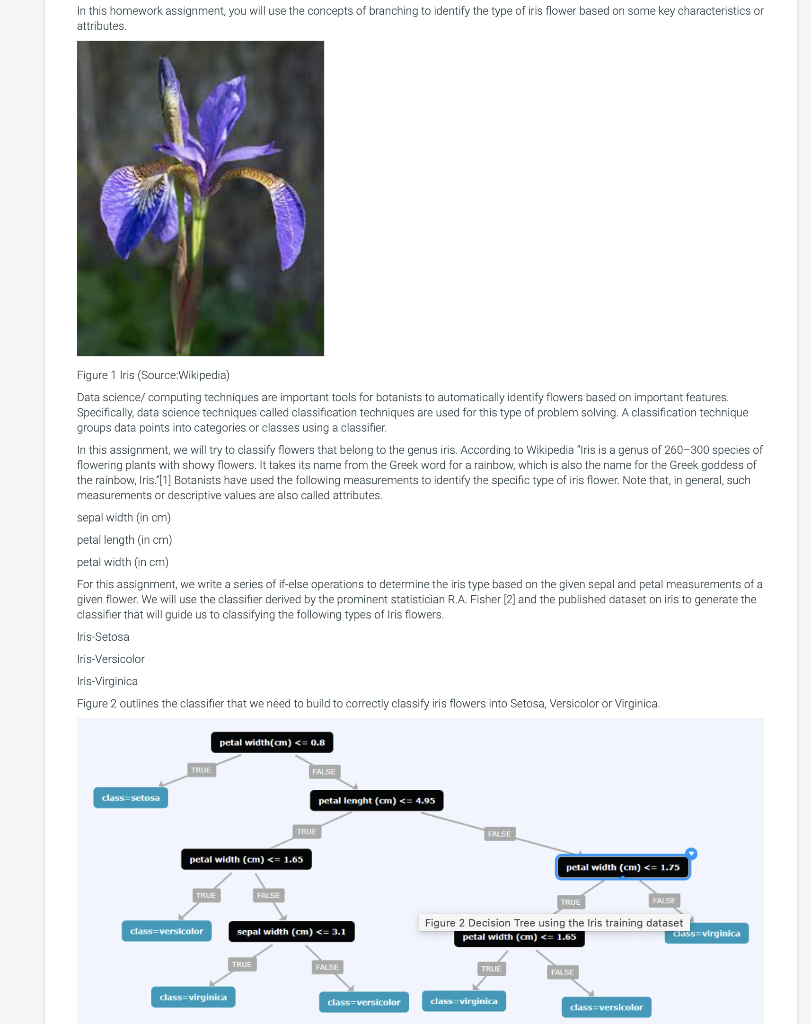 In This Homework Assignment You Will Use The Concepts Of Branching To Identify The Type Of Iris Flower Based On Some Ke 1