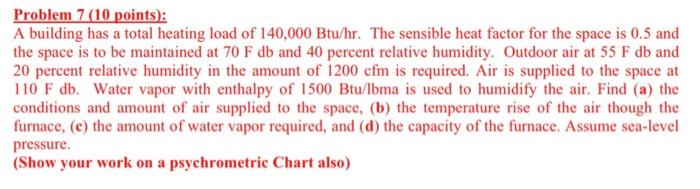 Problem 7 10 Points A Building Has A Total Heating Load Of 140 000 Btu Hr The Sensible Heat Factor For The Space Is 1