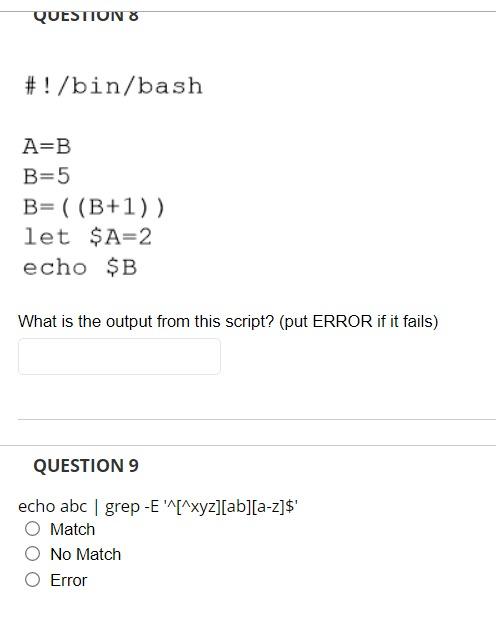 Question 8 Bin Bash A B B 5 B B 1 Let A 2 Echo B What Is The Output From This Script Put Error If It Fails 1