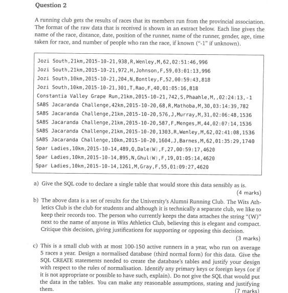 Question 2 A Running Club Gets The Results Of Races That Its Members Run From The Provincial Association The Format Of 1