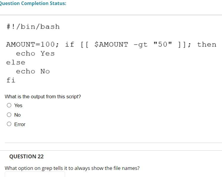 Question Completion Status Bin Bash Amount 100 If Amount Gt 50 Then Echo Yes Else Fi Echo No What Is The 1
