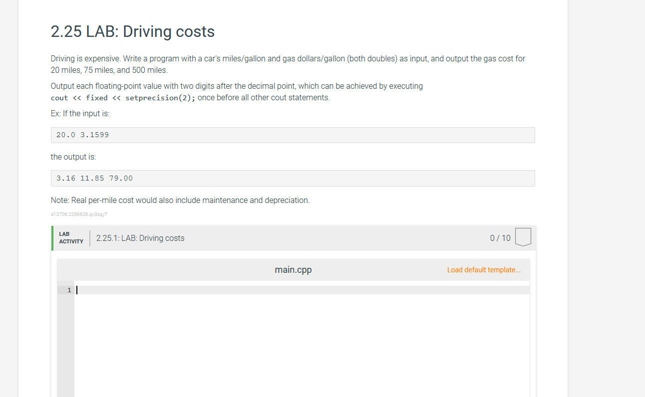2 25 Lab Driving Costs Driving Is Expensive Write A Program With A Car S Miles Gallon And Gas Dollars Gallon Both Dou 1
