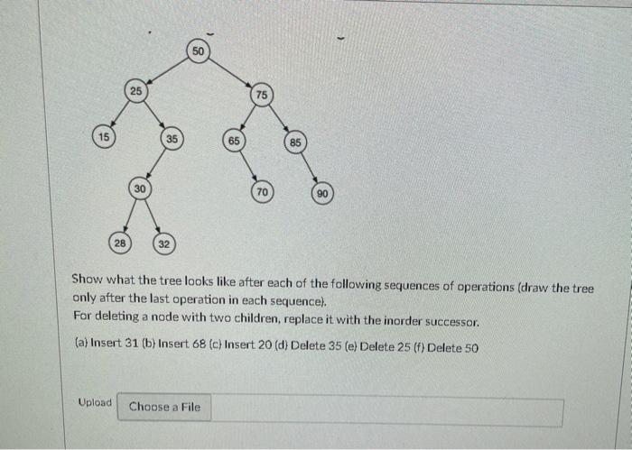 15 28 30 35 32 65 Upload Choose A File 75 70 85 90 Show What The Tree Looks Like After Each Of The Following Sequences O 1