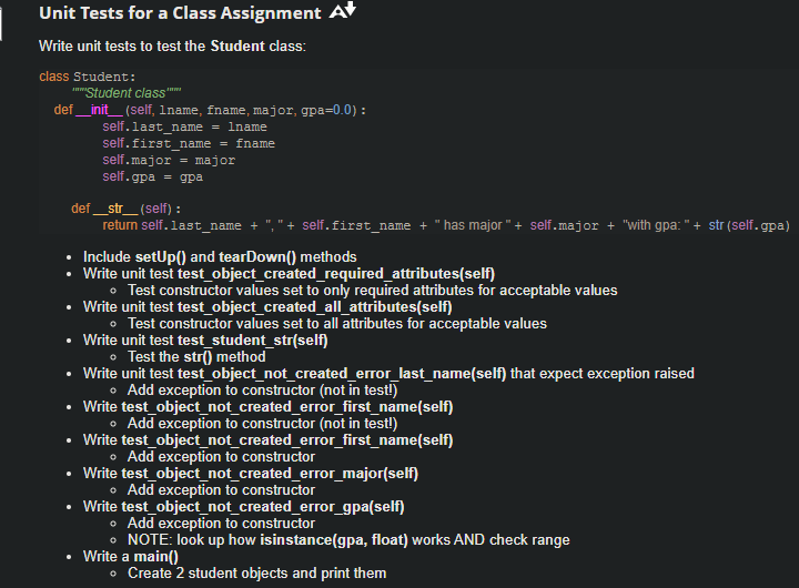 Unit Tests For A Class Assignment A Write Unit Tests To Test The Student Class Class Student Student Class Def 1