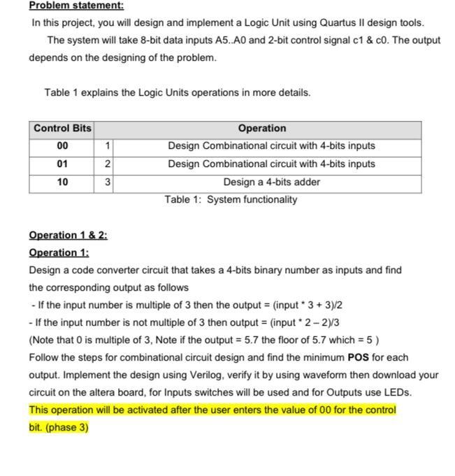 Problem Statement In This Project You Will Design And Implement A Logic Unit Using Quartus Ii Design Tools The System 1