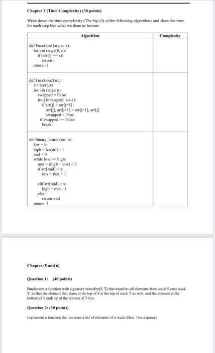 Chapter 3 Time Complexity 30 Points Write Down The Time Complexity The Big O Of The Following Algorithms And Show 1
