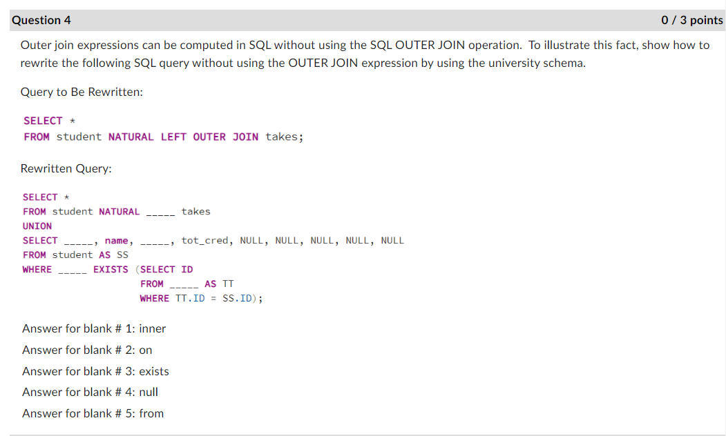 Using The University Schema Fill In The Blanks Of The Following Query To Display A List Of All Instructors Showing Eac 2