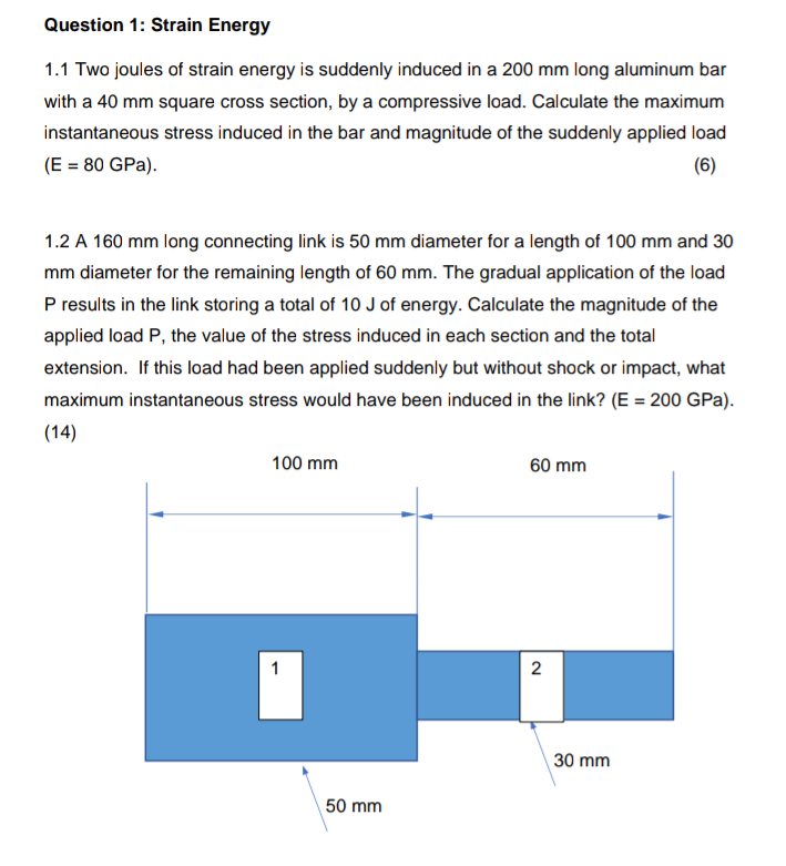 Question 1 Strain Energy 1 1 Two Joules Of Strain Energy Is Suddenly Induced In A 200 Mm Long Aluminum Bar With A 40 Mm 1