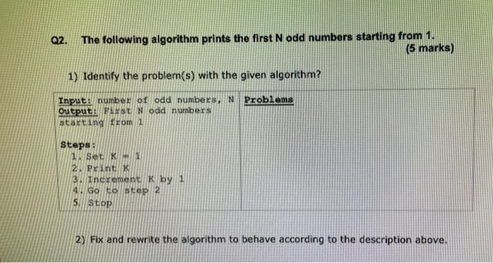 Q2 The Following Algorithm Prints The First N Odd Numbers Starting From 1 5 Marks 1 Identify The Problem S With Th 1