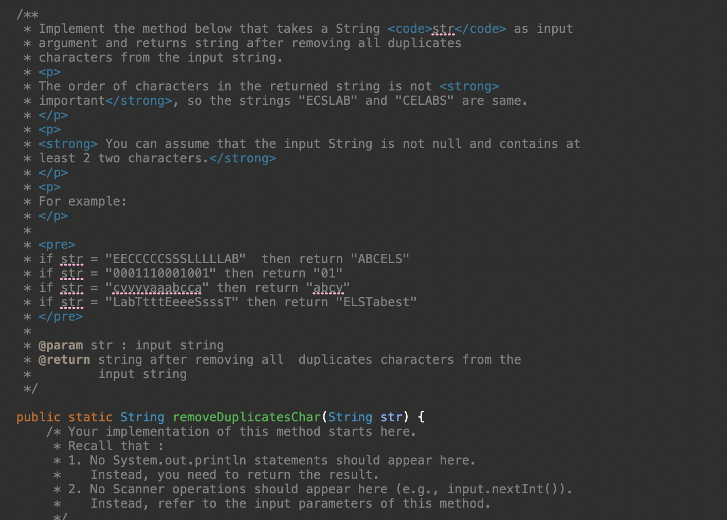 Implement The Method Below That Takes A String Str As Input Argument And Returns String After Removing All Dupli 1